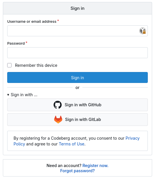 Screenshot of Codeberg login interface, without any option to "login with passkey"