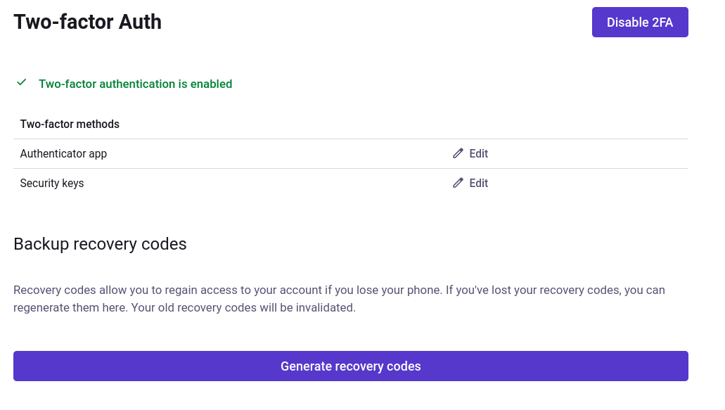 Screenshot of Mastodon "Two-factor Auth" settings. 2FA is enabled, and 2 methods are listed: "Authenticator app" and "Security keys"