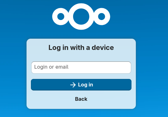 Screenshot of Nextcloud "log in with a device" interface. The interface as one single field to fill: "login or email".
