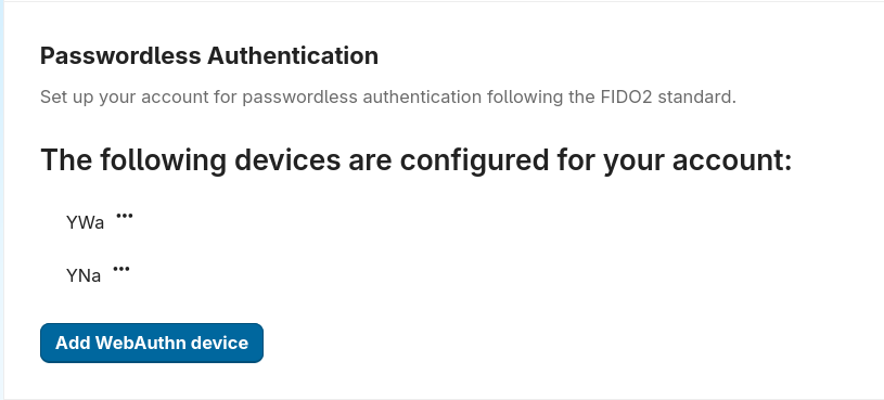 Screenshot of Nextcloud settings. The section is named "Passwordless Authentication". 2 devices are listed as registered: YWa and YNa.