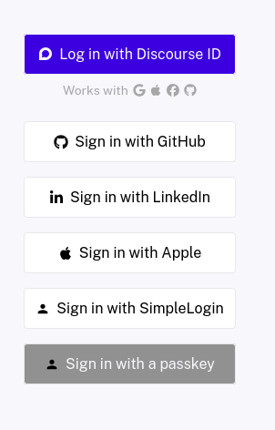 Screenshot of a Discourse instance, with the different options to login, including "Sign in with a passkey"