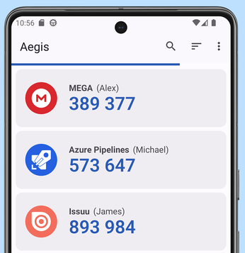 Aegis Android application showing 6-digits codes for 3 different websites