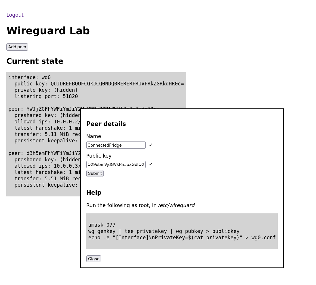 Screenshot of the web interface: a dialog to add a new peer is over the output of `wg show`